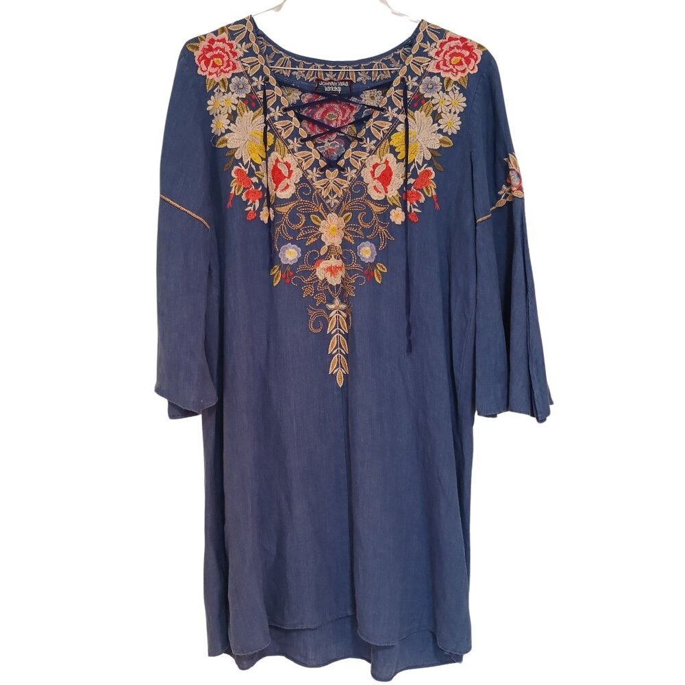 JOHNNY WAS Workshop Blue Linen Kitti Lace Up Swing Tunic Dress Cover Up M